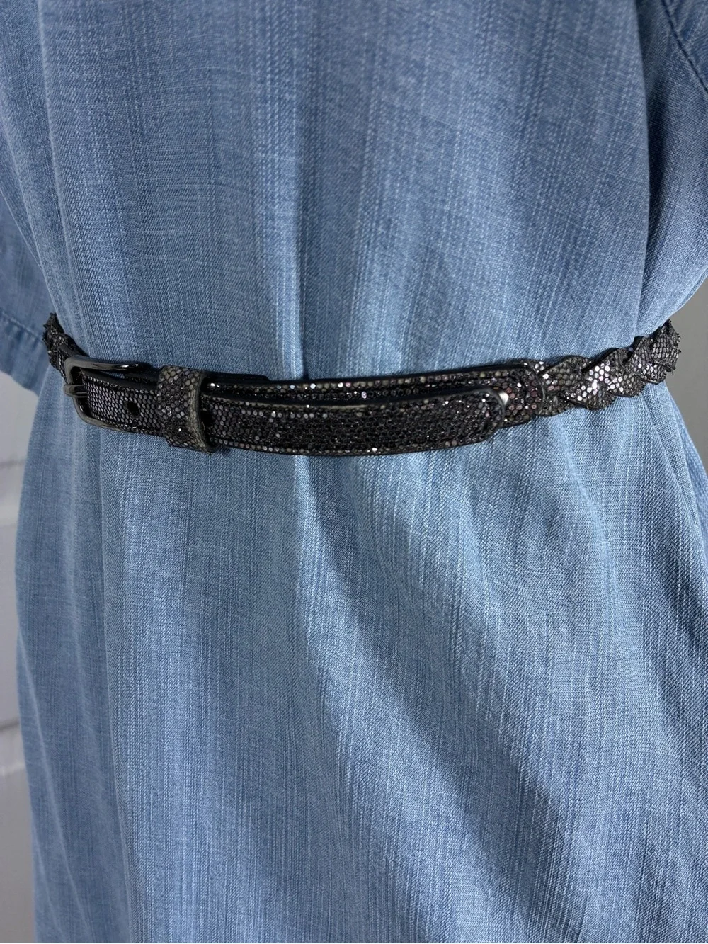 Women's belt 34” Sparkle Black Faux Leather Iridescent Finish braided